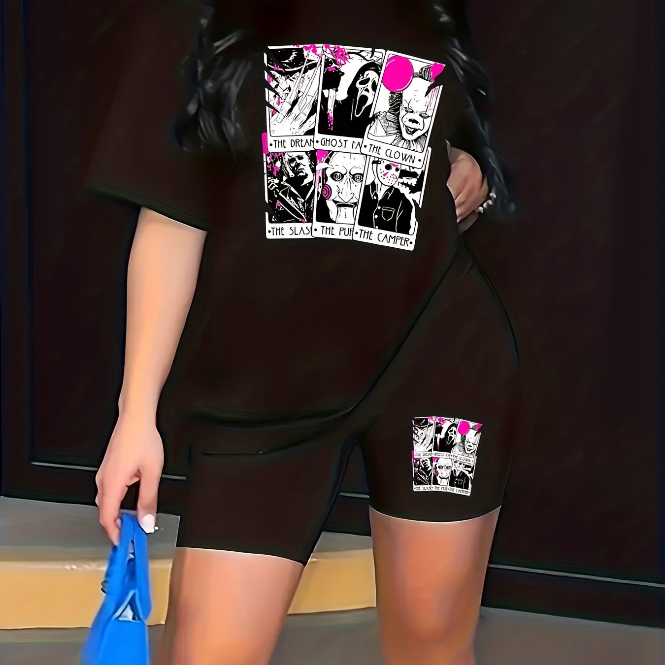  Casual Two Piece Set Women's Plus Figure & Letter Print Tee & Shorts