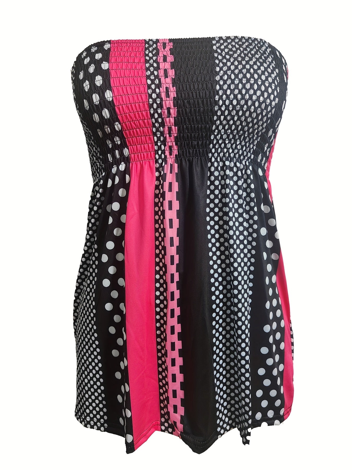 Colorblock Shirred Tube Top Geometric Print Sleeveless Top