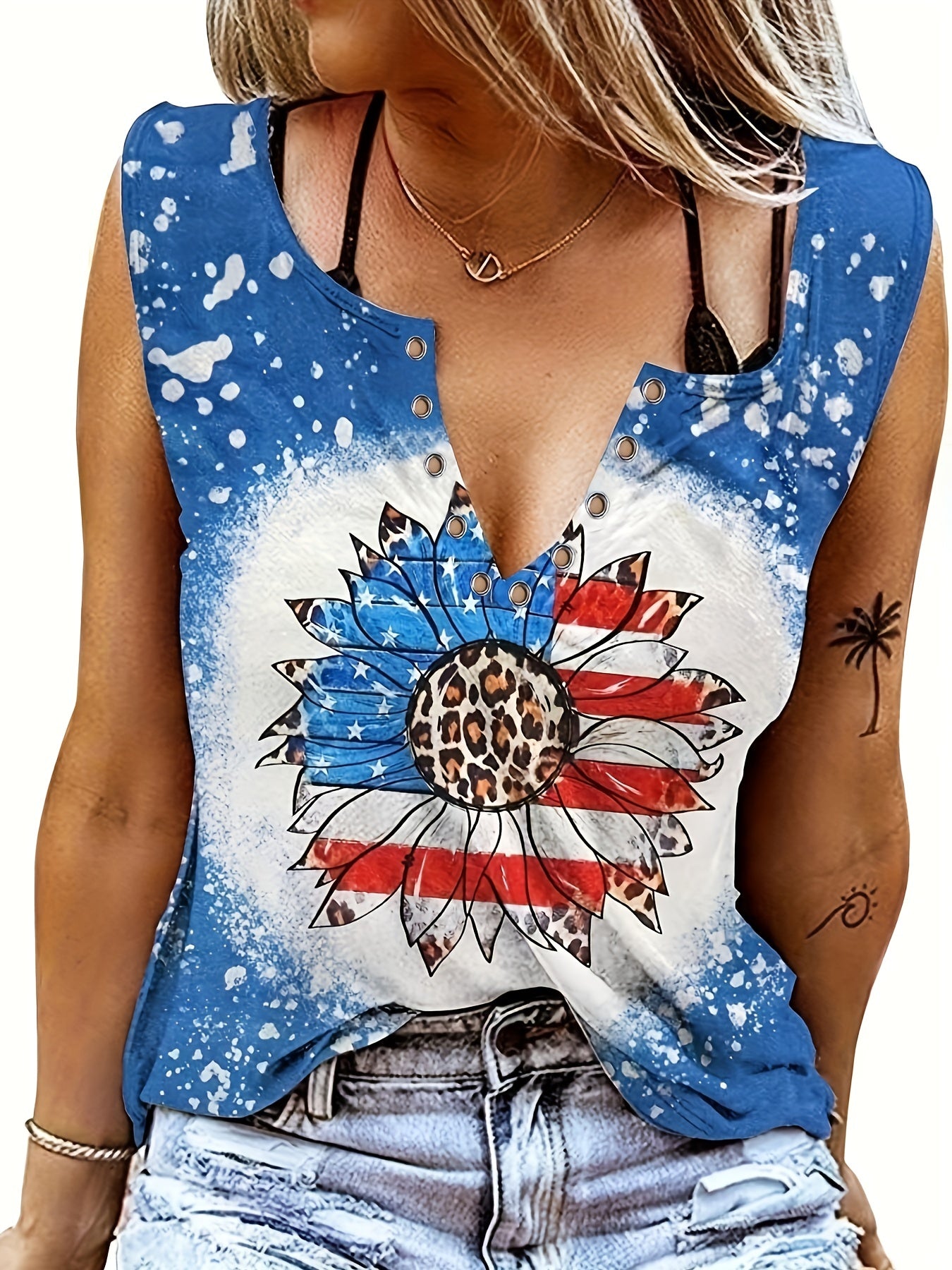 Tie Dye Flags Print Tank Top Sexy V Neck Sleeveless Top Women's Clothing