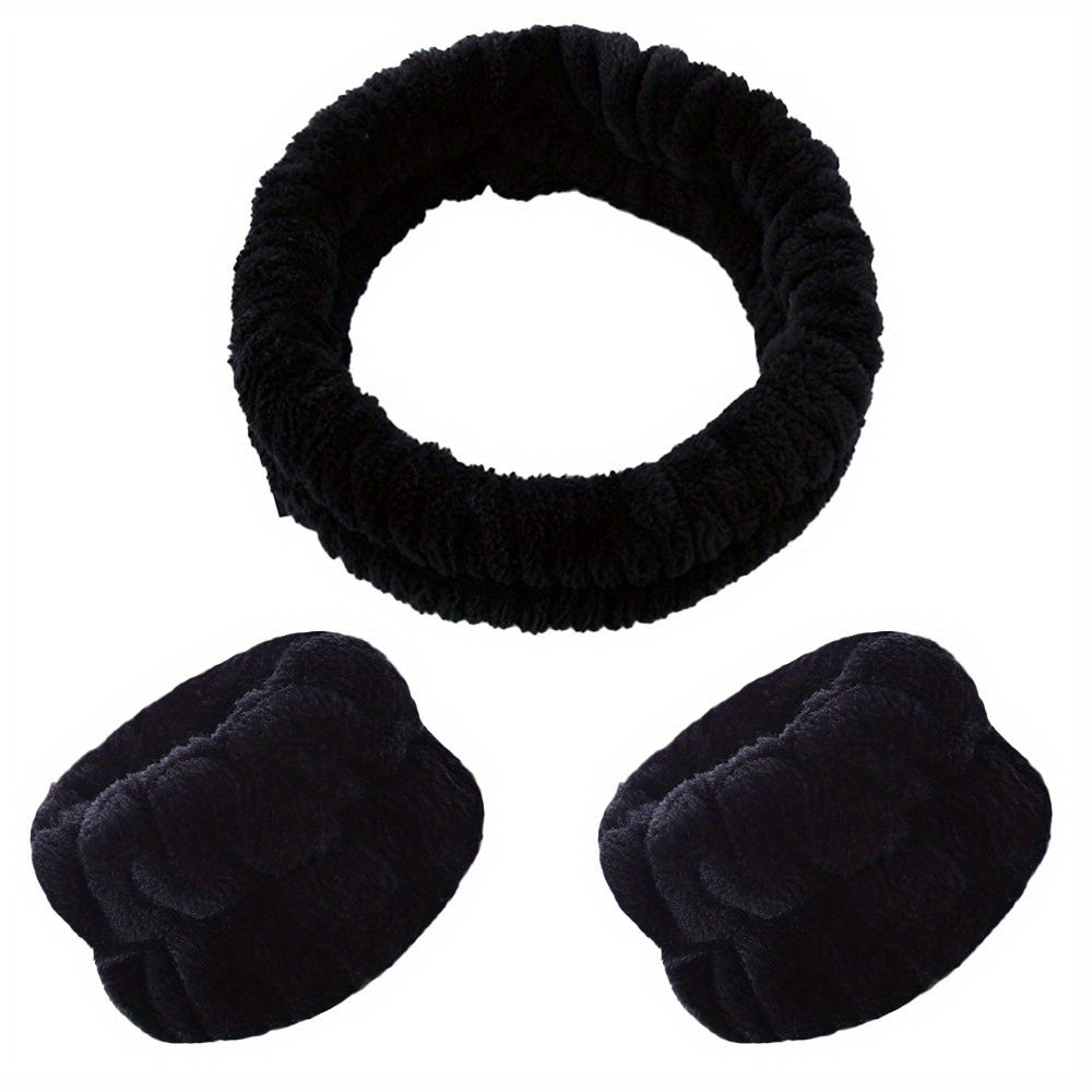 3pcs Soft Headband & Wristband Set for Face Washing Makeup Skincare