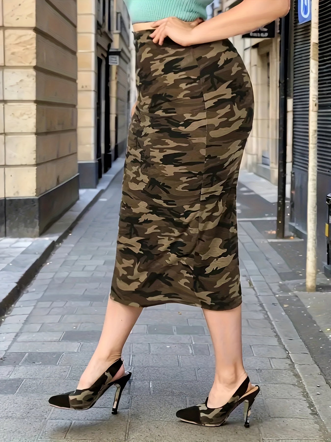 Camo Bodycon Midi Skirt High Rise Stretch