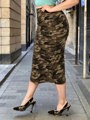  Camo Bodycon Midi Skirt High Rise Stretch