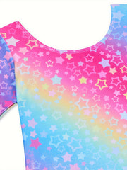 Girls Star Graphic Long Sleeve Gymnastics Leotard