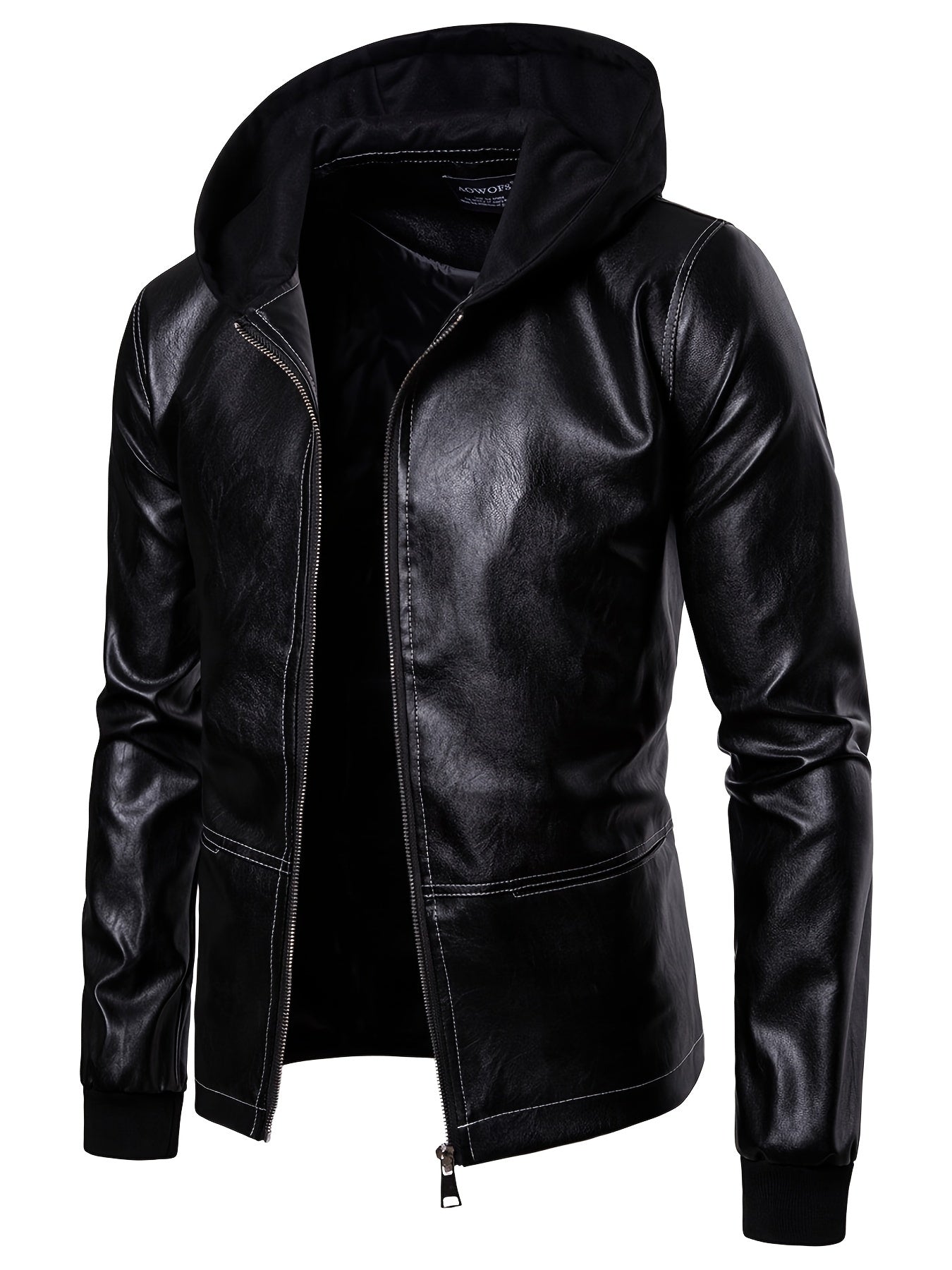 Men's Slim Fit Casual Leather Jacket with Hood