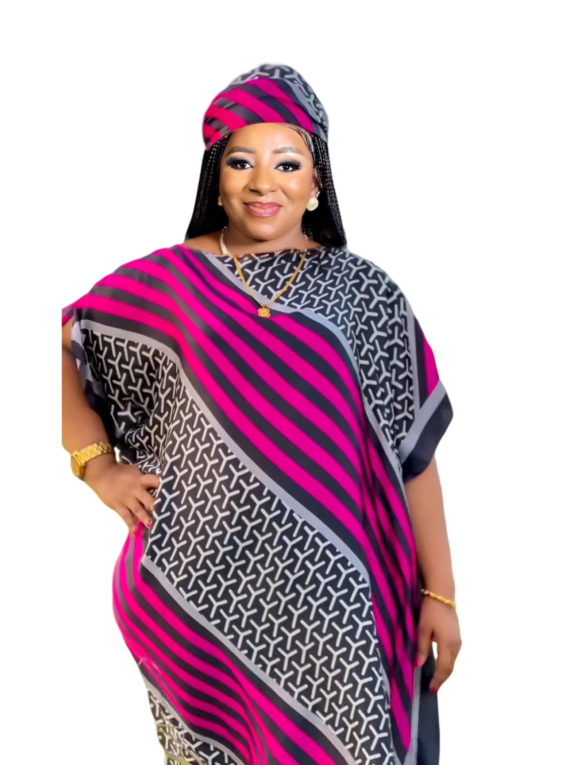  Colorblock Stripe Geometric Print Batwing Kaftan Dress