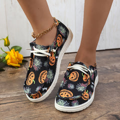 Women's Pumpkin Print Canvas Lace Up Sneakers Lightweight Outdoor Shoes