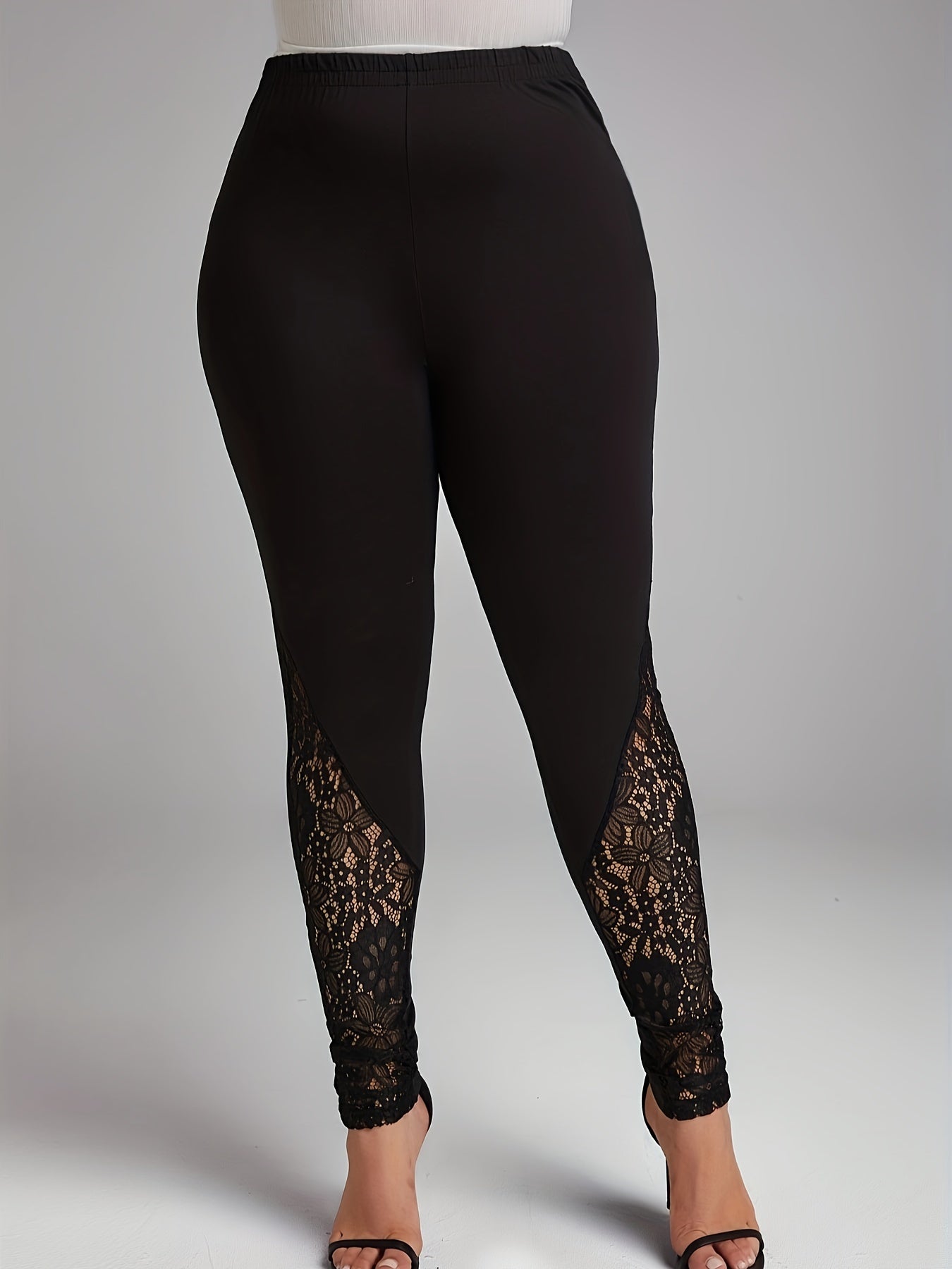  Casual Leggings Women's Plus Contrast Lace Solid Elastic