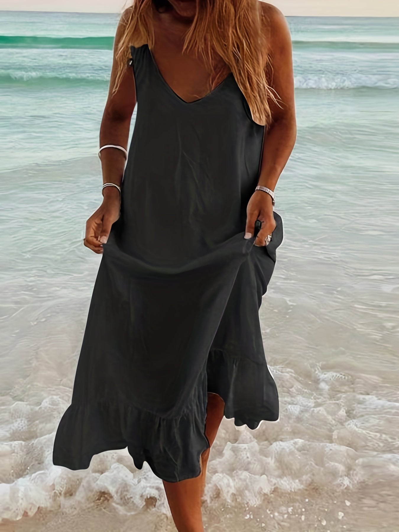  V Neck Ruffle Trim Maxi Cami Dress