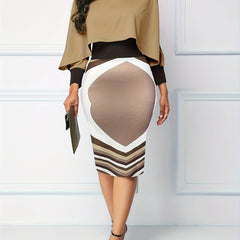  Colorblock Geometric Print Long Sleeve Slim Fit Dress