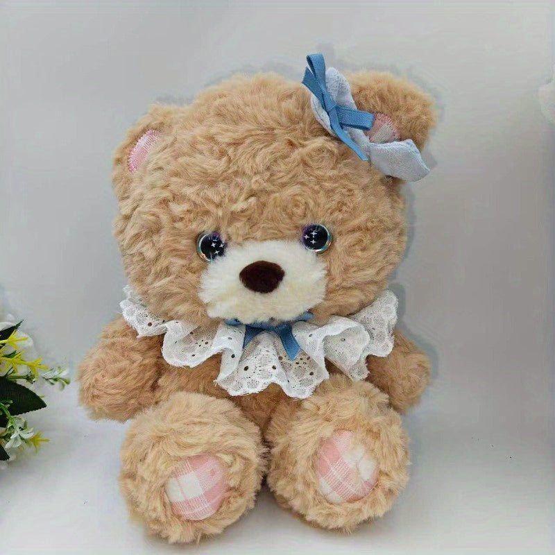 Adorable Brown Bear Plush Toy with Bow & Lace Collar Soft Stuffed Animal Mat