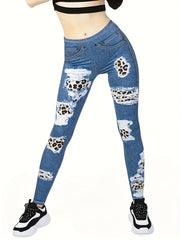  Ribbed Denim & Leopard Print Leggings