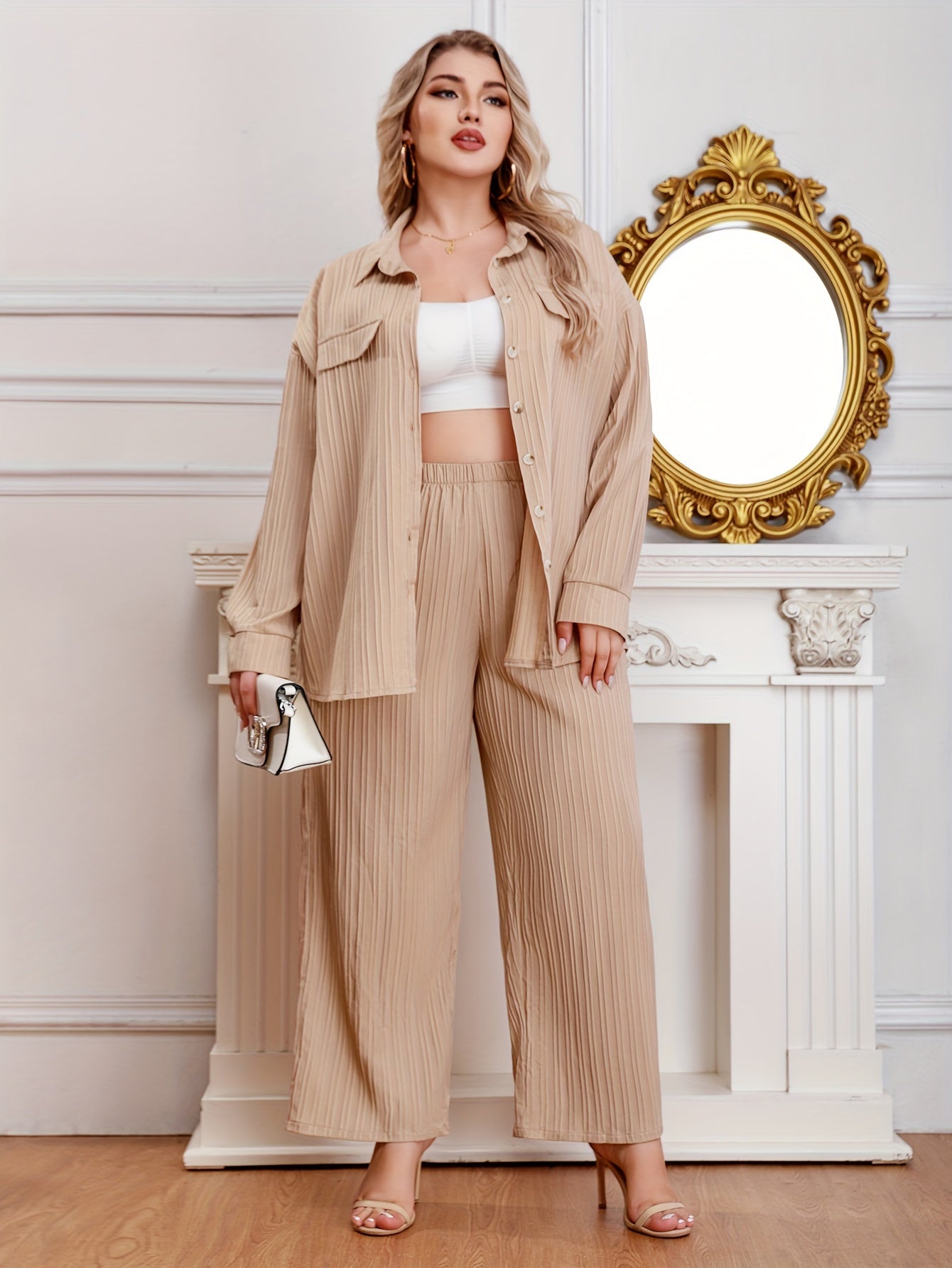  Ribbed Long Sleeve Shirt & Wide Leg Pants Set