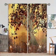 Golden Tree Scenery Rod Pocket Window Curtain for Home Decor