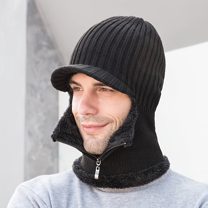 Winter Knitted Hat with Zipper Mask Velvet Thick Hat Scarf