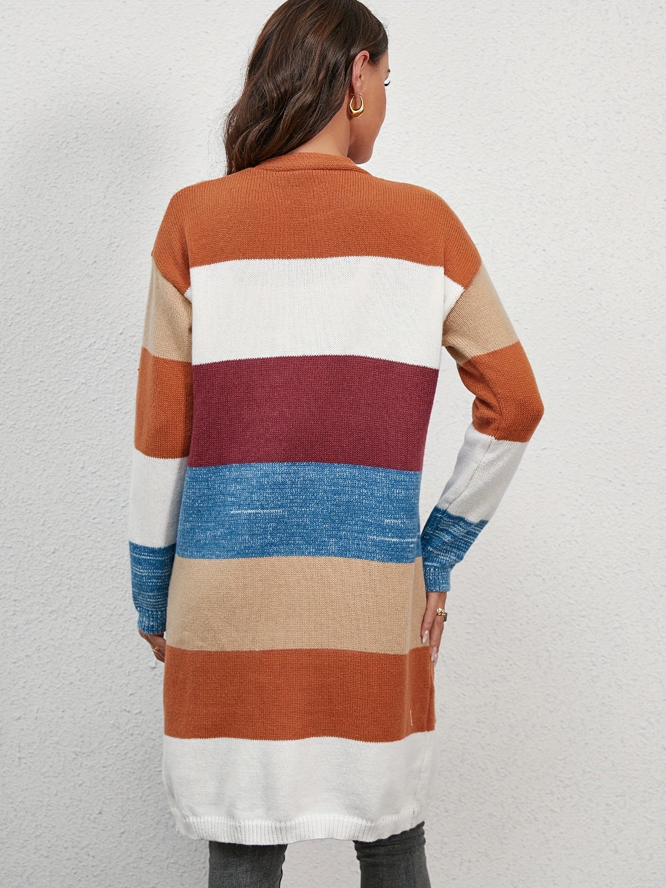  Colorblock Long Sleeve Open Front Cardigan