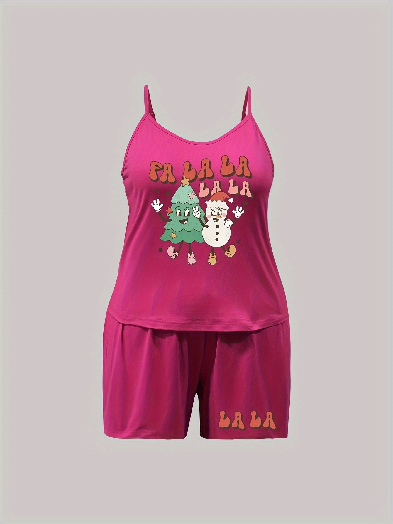  Christmas Pajama Set Snowman & Tree Print Cami Top & Shorts Loungewear