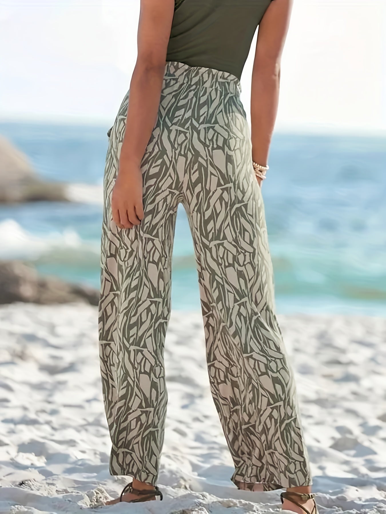  Geometric Print Wide Leg Pants With Pockets