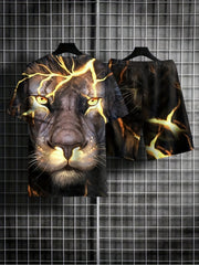 Men's 3D Lion Graphic T shirt & Active Stretch Shorts Set