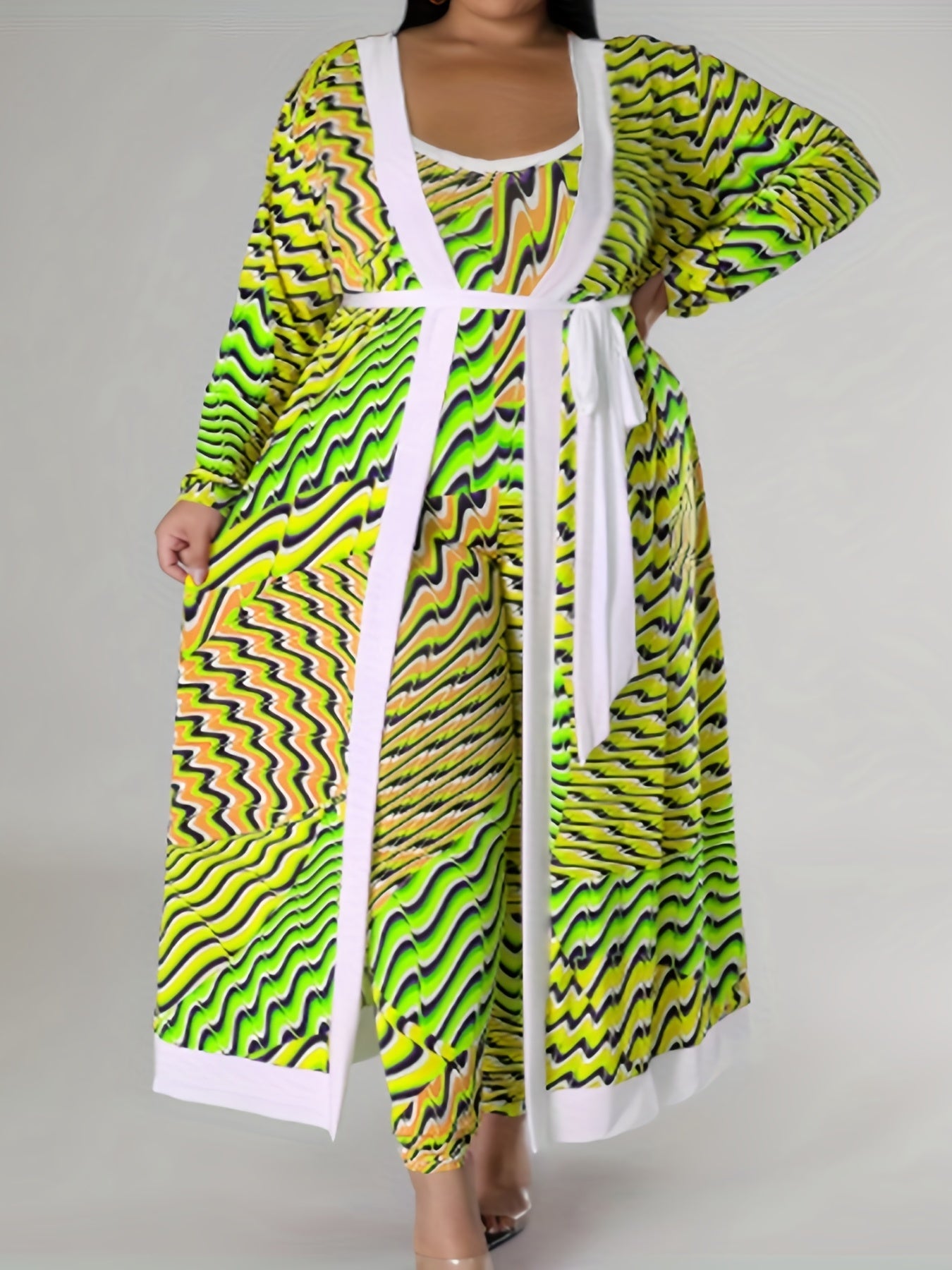 Colorblock Striped Cardigan & Jumpsuit Set