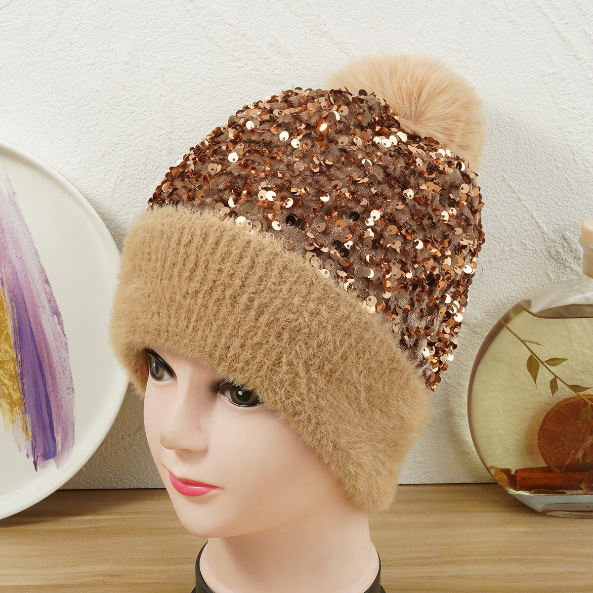 Sequins Knitted Beanie Hat for Women Ear Protection Warm Winter Gift