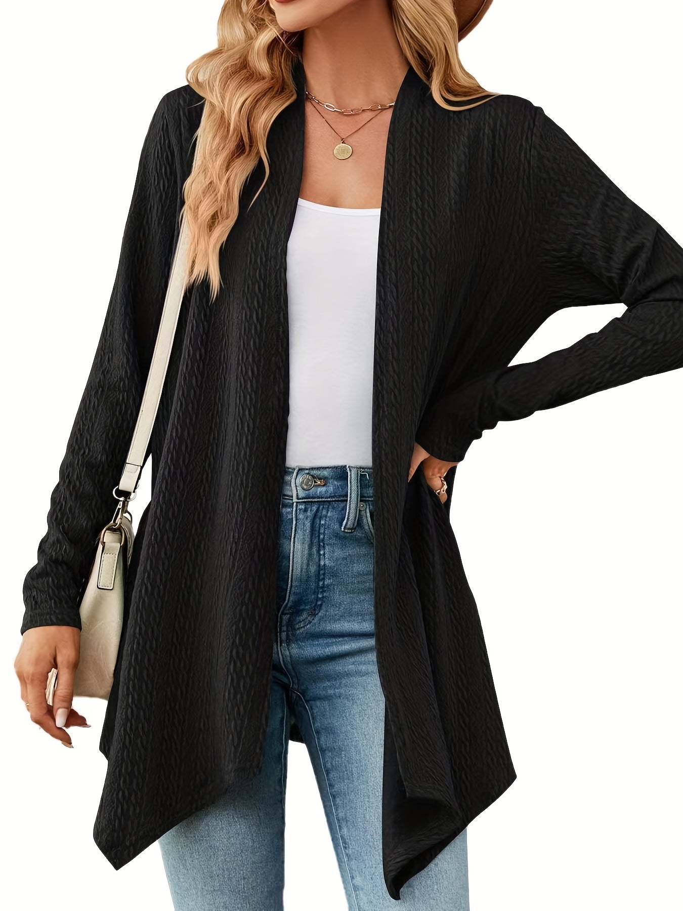 Women's Plus Solid Cable Long Sleeve Open Front Cardigan