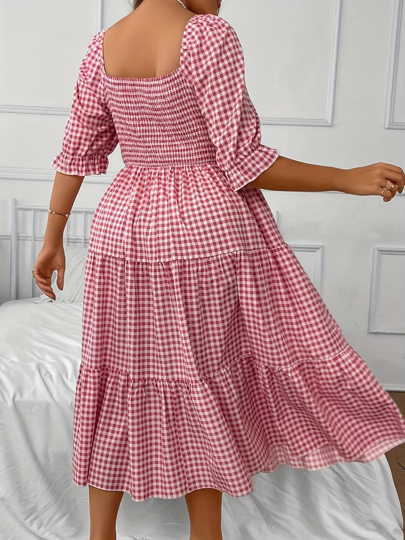  Gingham Print Shirred Bubble Sleeve Smock Dress