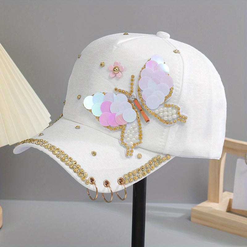 Y2K Butterfly Baseball Cap Rhinestone Sequin Pearl Cotton Hat
