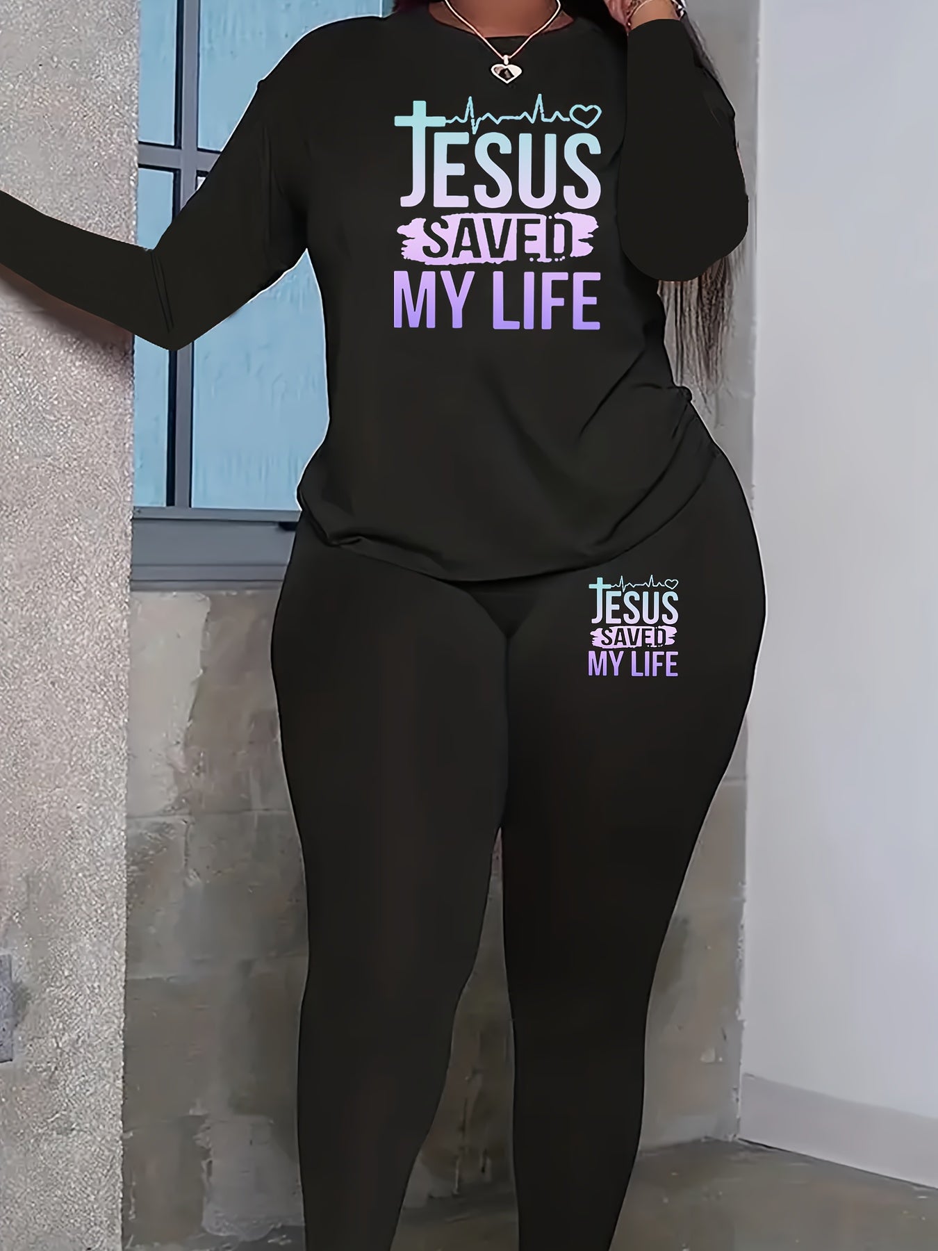  Slogan Print Top & Leggings Set