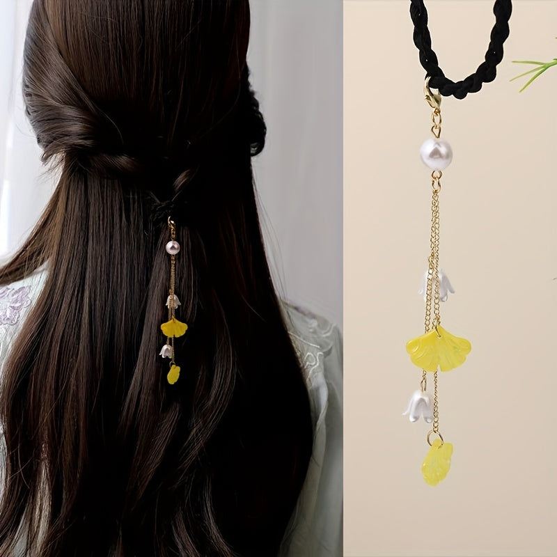 Chinese Hair Tie Ginkgo Leaf Bell Orchid Faux Pearl Tassel Hair Ring Women Girls
