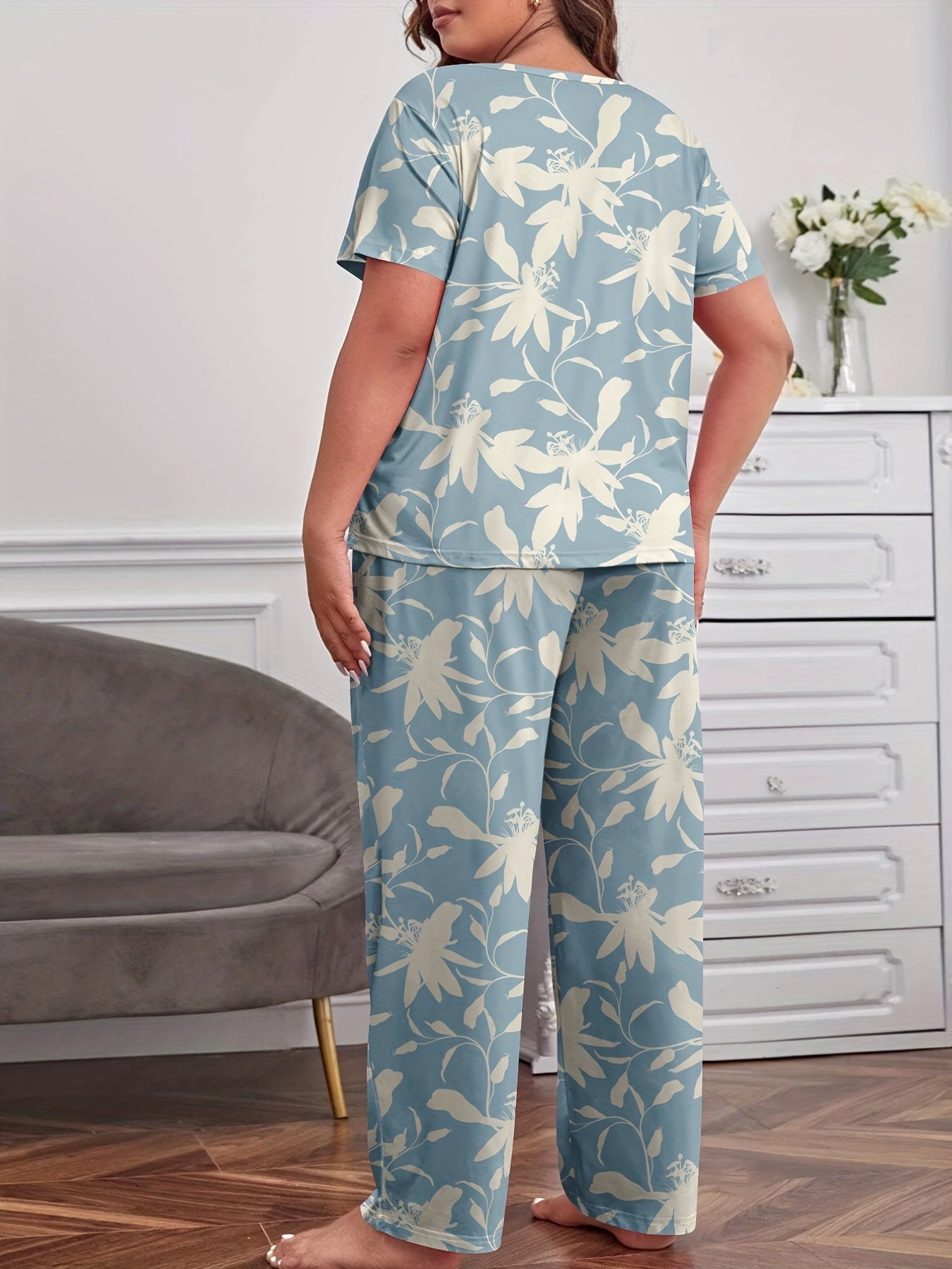  Pajama Set Women's Floral Print Short Sleeve Tee & Pants Lounge Set