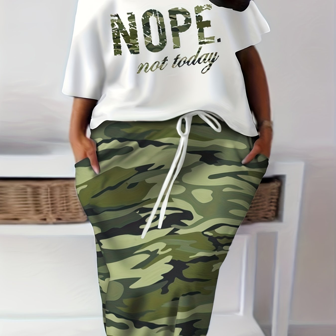  Casual 2 Piece Set Women's Plus Letter Print Top & Drawstring Skirt