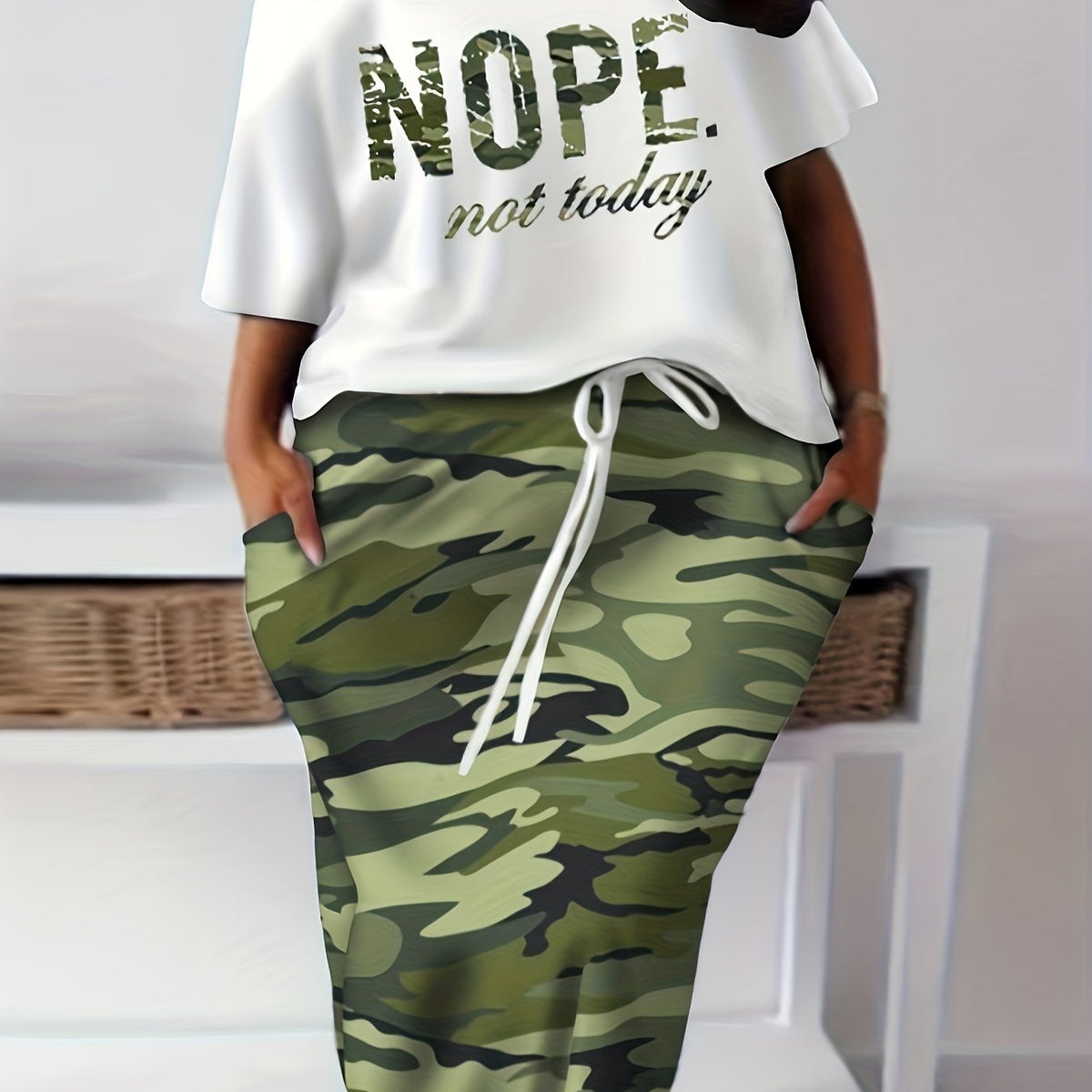  Casual 2 Piece Set Women's Plus Letter Print Top & Drawstring Skirt
