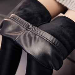  Solid Liner Fleece PU Leather High Rise Skinny Trousers