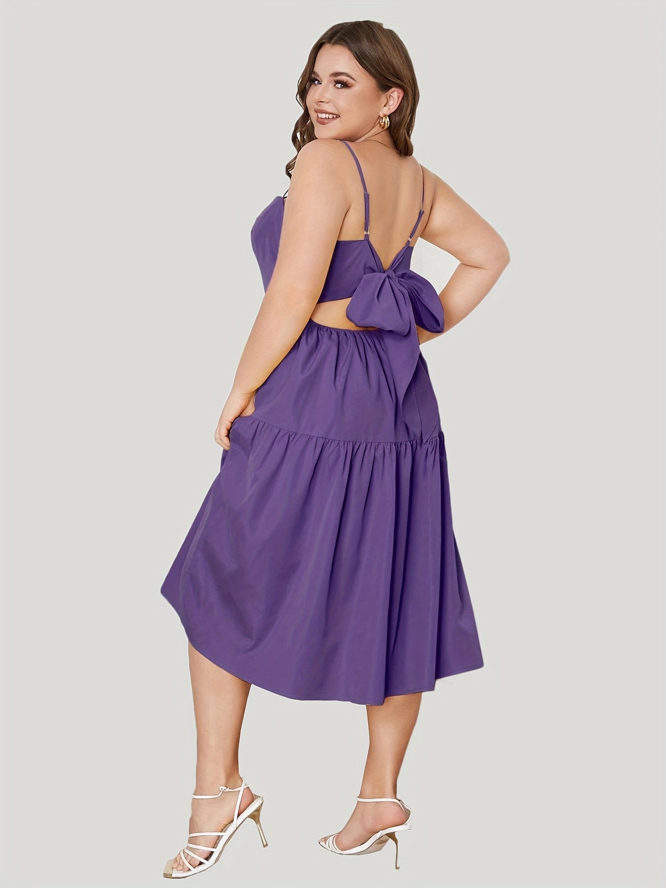  Solid Square Neck Bow Knot Back Midi Dress