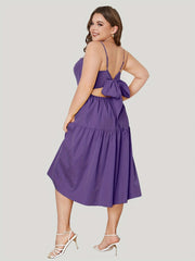  Solid Square Neck Bow Knot Back Midi Dress