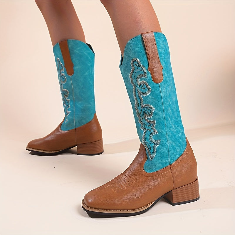 Women's Retro Western Boots Embroidered Square Toe Chunky Heel Cowgirl Mid Calf