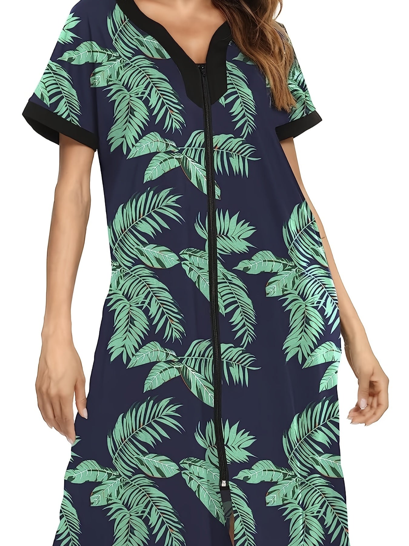  Tropical Print Short Sleeve V Neck Dress