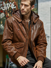 Men's Faux Leather Motorcycle Jacket Stand Collar with Hood