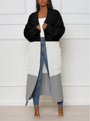 Colorblock Cable Long Sleeve Open Front Long Cardigan
