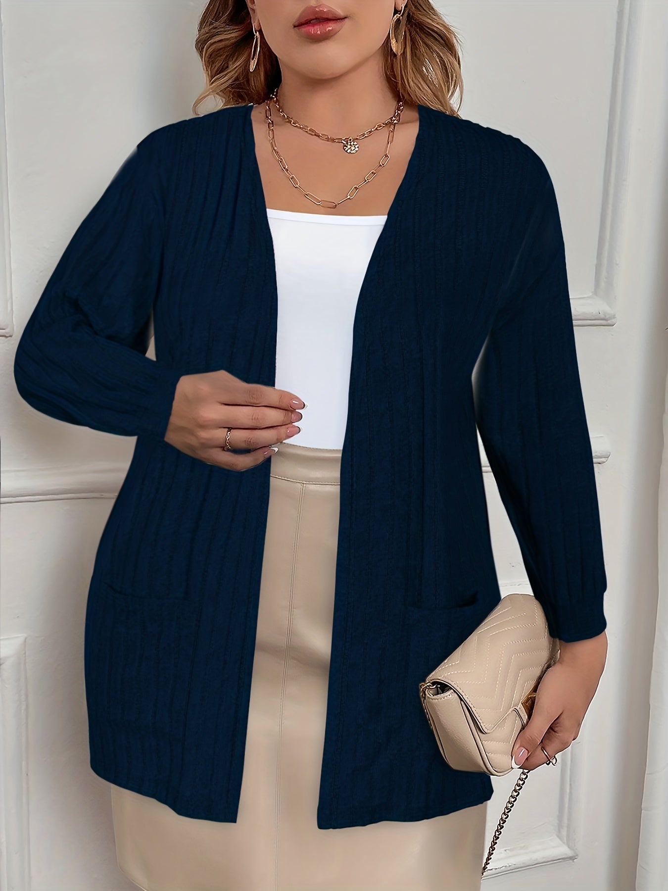  Solid Ribbed Long Sleeve Open Front Stretch Cardigan
