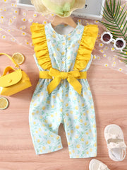 Girls Lemon Graphic Ruffled Sleeveless Jumpsuit With Belt
