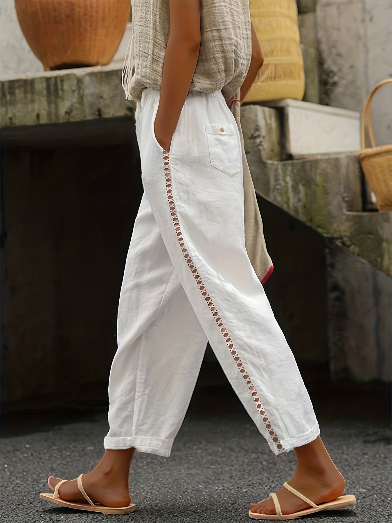  Drawstring Eyelet Embroidered High Rise Elastic Pants