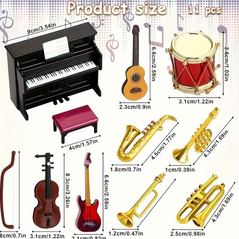 11pcs Musical Instruments Set 1 12 Scale Piano Guitar Violin & Saxophone Models