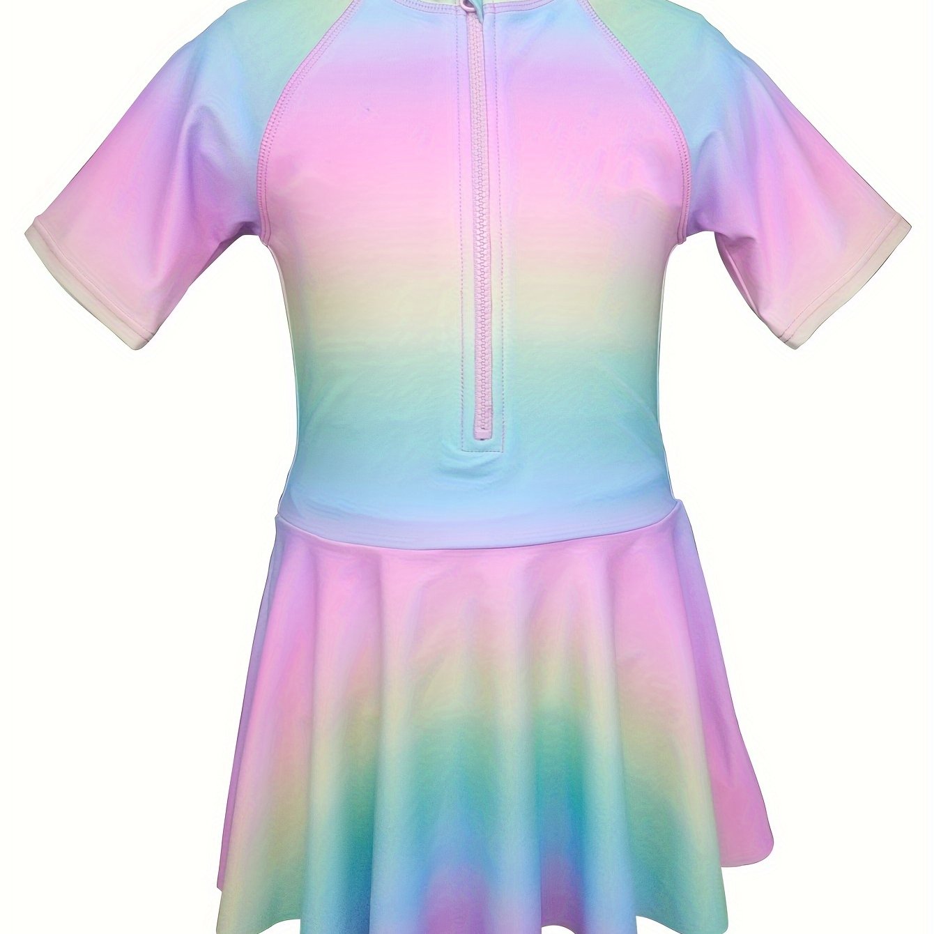 Girls Gradient Short Sleeve Half Zip Swimwear Comfy Bathing Suit