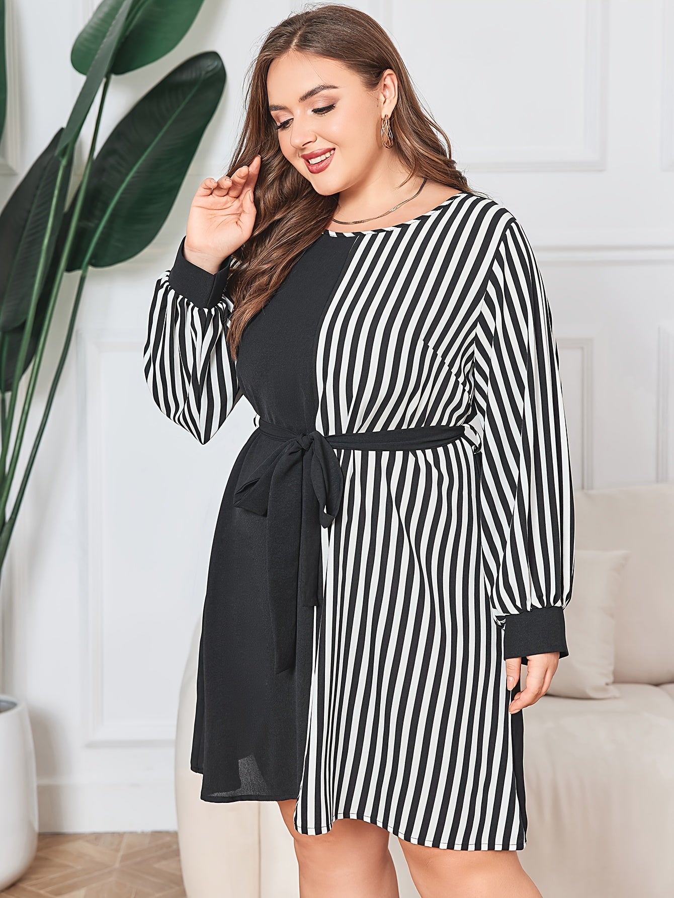  Colorblock Stripe Print Long Sleeve Dress With Belt