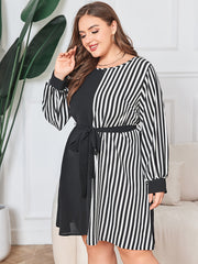  Colorblock Stripe Print Long Sleeve Dress With Belt