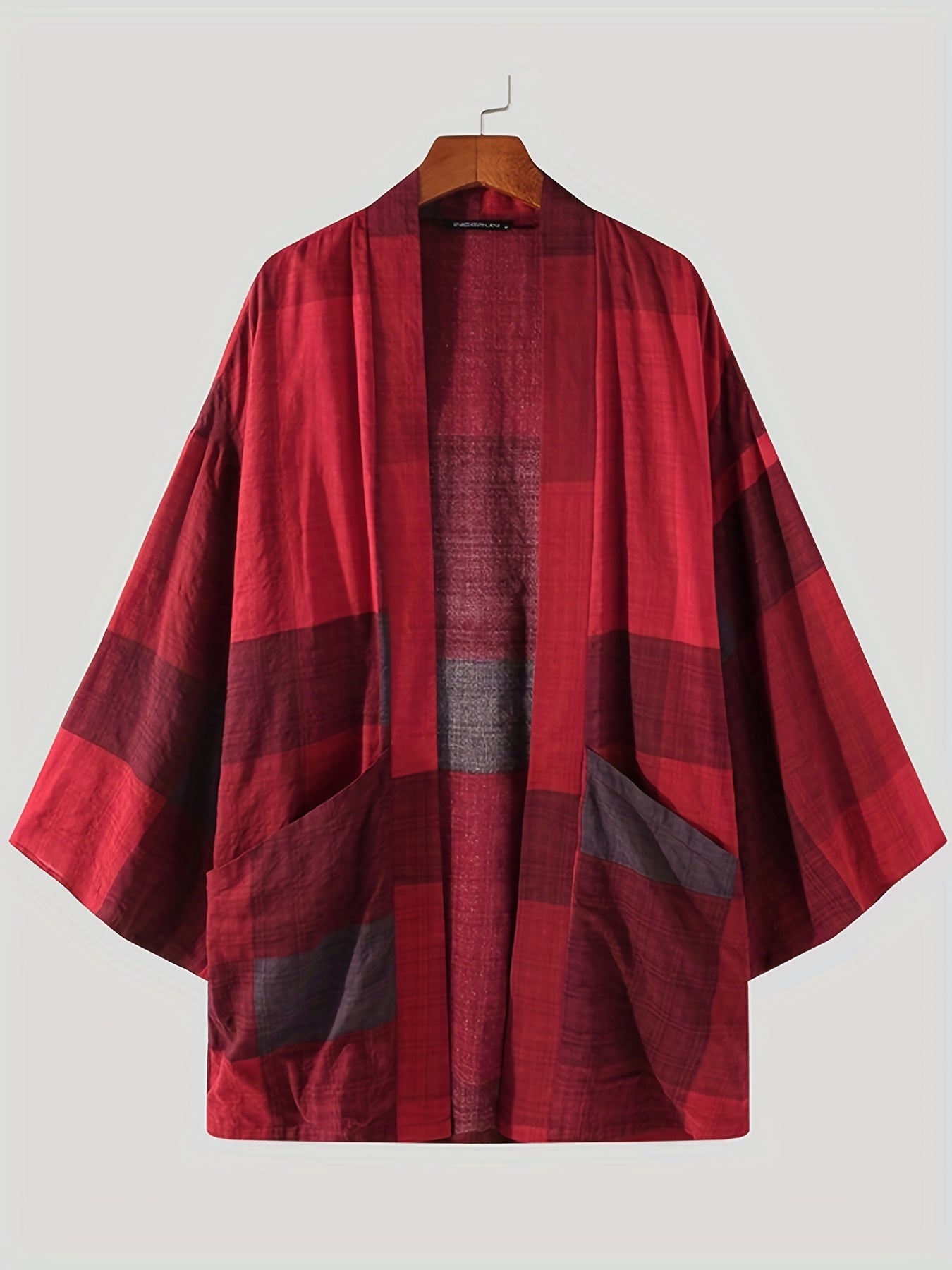 INCERUN Cotton Blend Kimono Plaid Men's Shirt Jackets V neck Casual