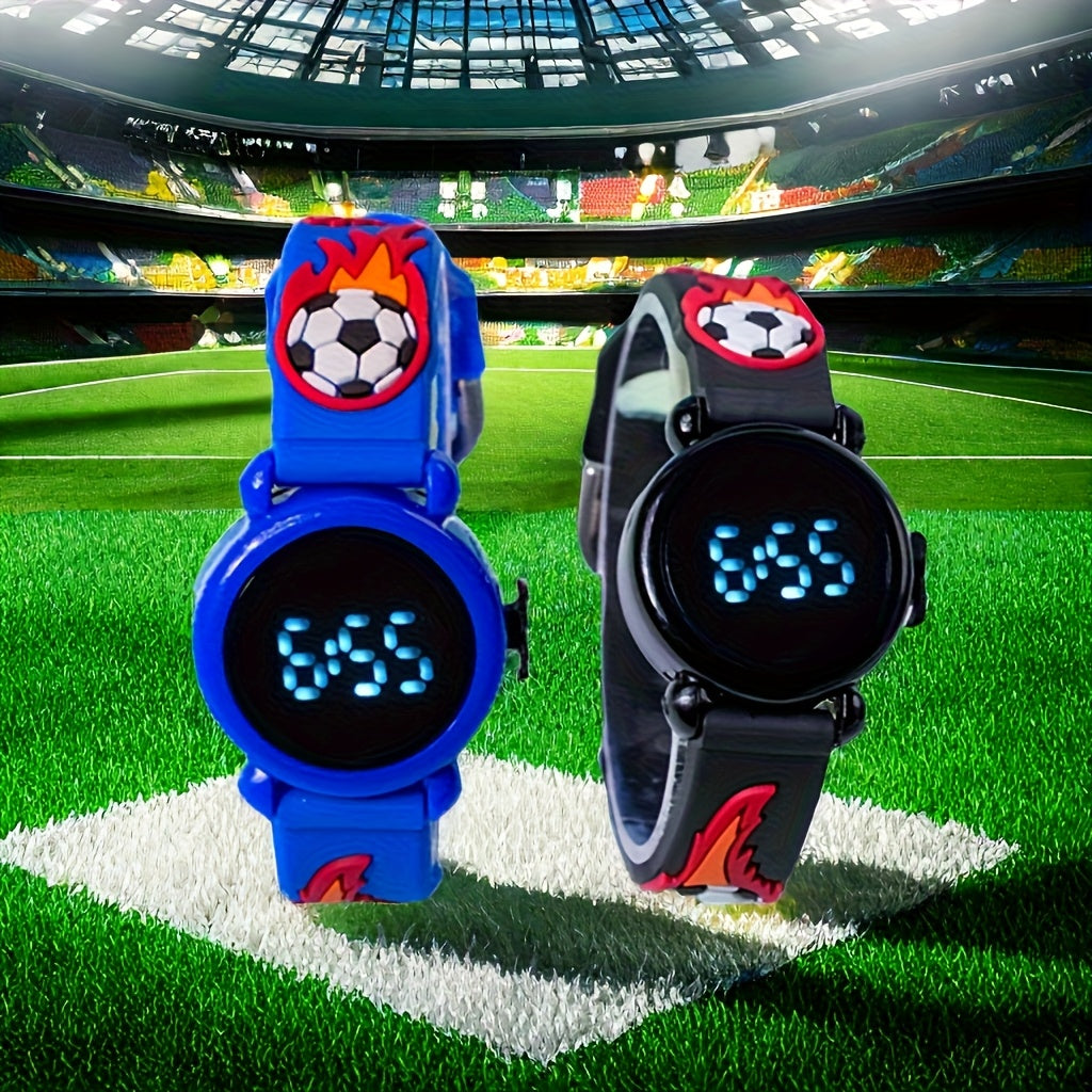 2pcs Boys' Soccer Electronic Watches with Digital Display & Flame Soccer Ball