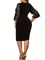  Abstract Print Lace Sleeve Midi Dress