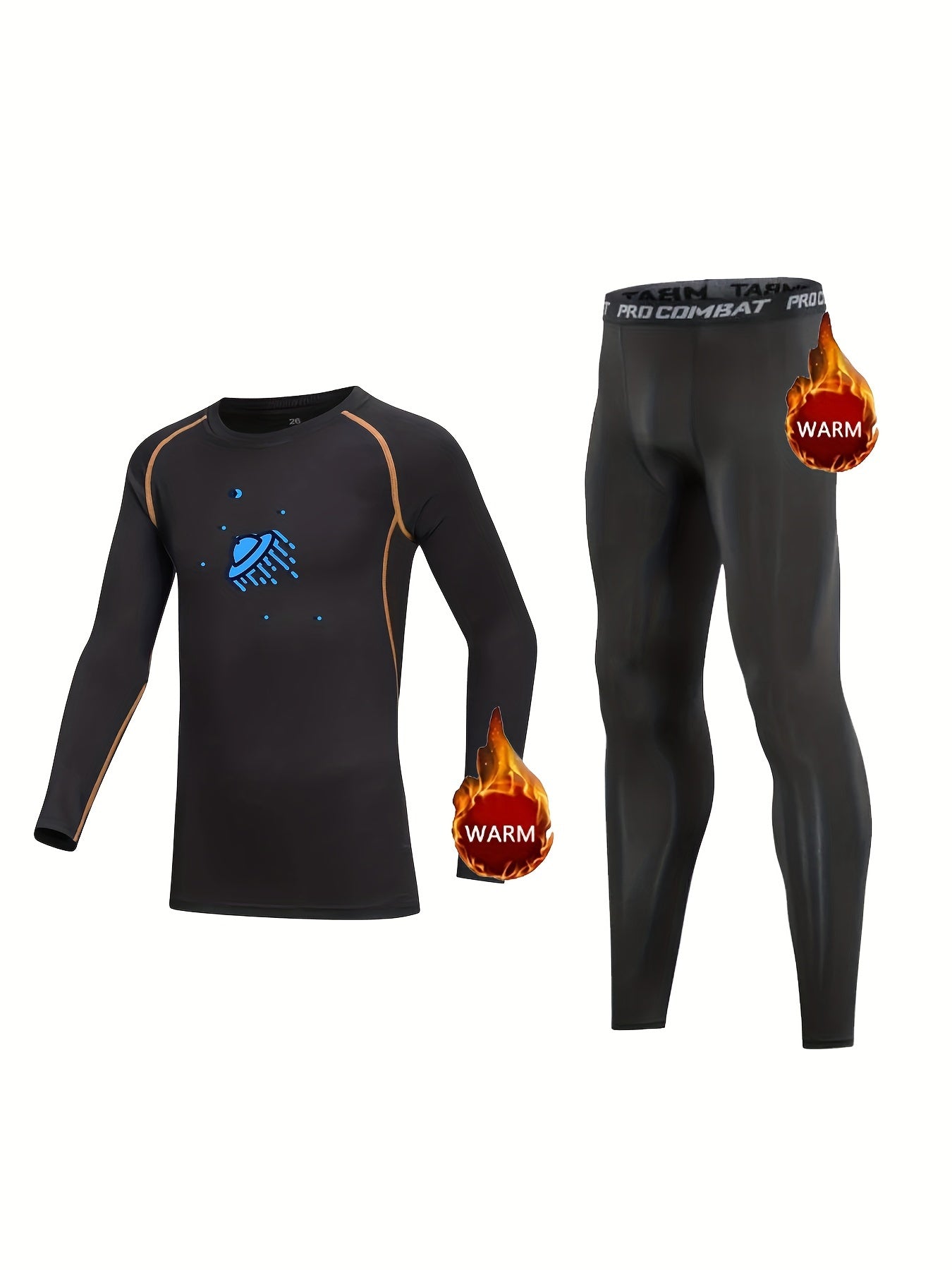 Kids Compression Fleece Sets Spaceship Pattern Crew Neck Pullover & Pants